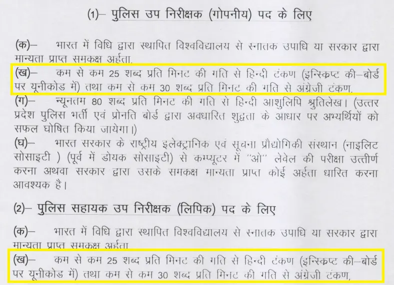 UP Police SI and ASI Clerk Typing Test Required Qualification