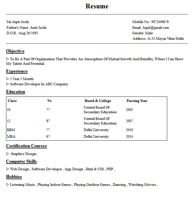 Indian Resume Format Simple Pdf / 7+ Basic Fresher Resume Templates ...